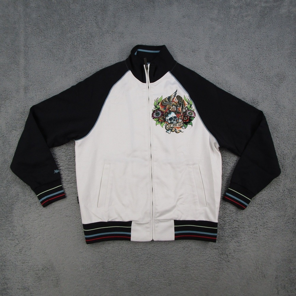 Marc Ecko Cut & Sew Mens Track Jacket White Black Skull Eagle Tattoo Graphic M